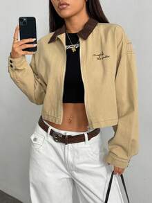 Elenzga Áo khoác denim ngắn cổ màu tương phản thường ngày, mùa thu - Màu Khaki - Xem 5