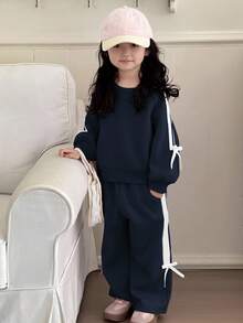 DAZY 2pcs/Set Young Girls Round Neck Knit Sweatshirt Set, Fall - Navy Blue - View 6