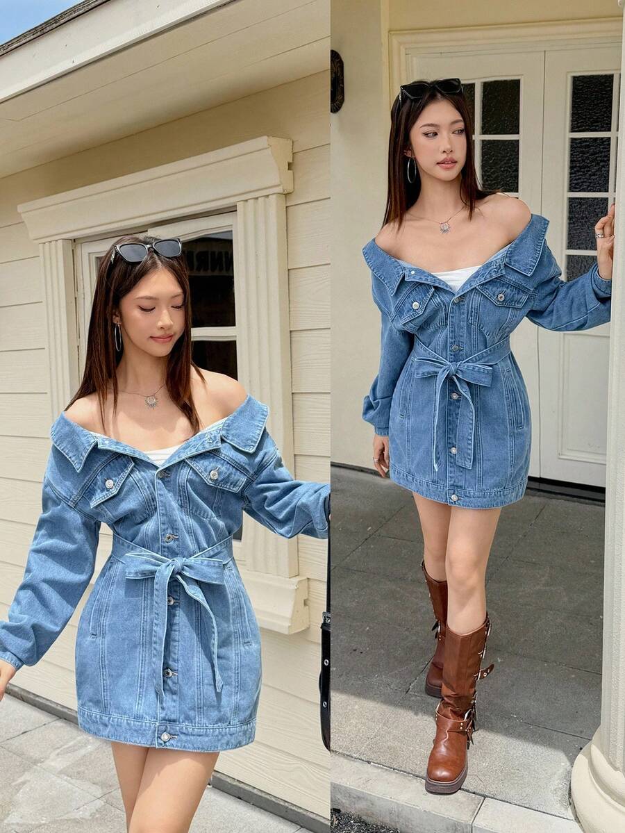 SHEIN EZwear 女式长袖单排扣时尚露肩性感牛仔连衣裙 - 藍色 - 查看 1