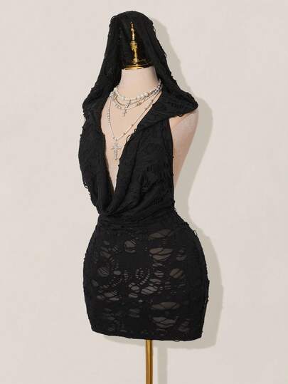 SHEIN ICON Women's Sexy Plunging Neck Distressed Fabric Hooded Bodycon Mini Dress,Dresses For Women Party Black See Through Dress Hollow Out Dress Black Coverup,Party Dresses For Women