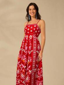 CAJUNI 女士度假细肩带露背 Selenipedium 和杜鹃花印花吊带背心休闲夏装，优雅大方 - 紅色 - 查看 3