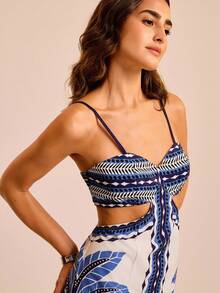 CAJUNI Women's Vacation Palm Tree Print Cutout Waist Sexy Spaghetti Strap Dress - Multicolor - View 8