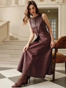 SHEIN Unity 现代复古纹理 PU 女士两件套，适合秋季、夏季、优雅、别致、新年、休闲、圣诞节 - 酒紅色 - 查看 7