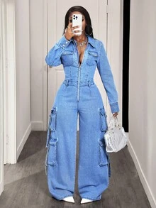 BamGleam Women's Casual Denim Bib Pants And Jumpsuit For Everyday Wear - Blue - View 6