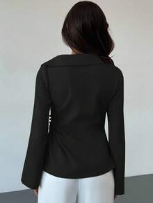 Aloruh Women's Solid Color Wrap Flare Sleeve Blouse, Suitable For Commuting,Black Tops - Black - View 6