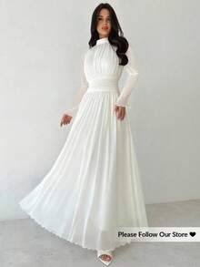 Firerie Women's Elegant Romantic Elegant Daily Commute Beach Vacation Stand Collar Pleated High Waist A-Line Flared Long Sleeve White Dress Women's New Year's Eve Dresses,Dresses For Women Elegant - White - View 2