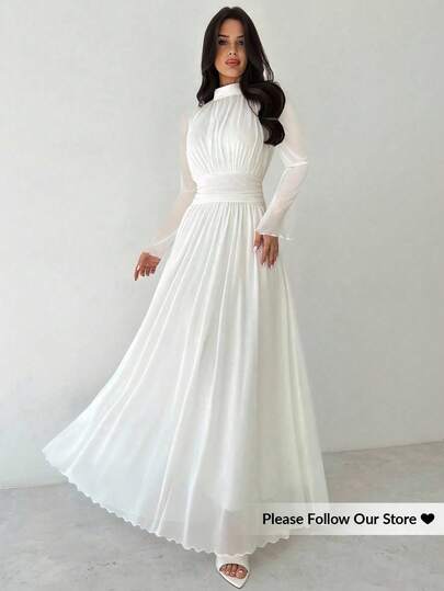 Firerie Women's Elegant Romantic Elegant Daily Commute Beach Vacation Stand Collar Pleated High Waist A-Line Flared Long Sleeve White Dress Women's New Year's Eve Dresses,Dresses For Women Elegant