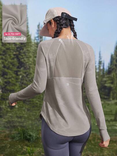 In My Nature 女士紫色透气网眼拼接瑜伽、普拉提、健身、跑步训练T恤，带拇指孔，运动户外夏季上衣，徒步女装