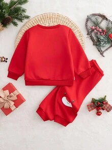 Cozy Pixies 2pcs/Set Baby Boy/Girl Christmas Reindeer Pattern Contrast Color Knit Soft Round Neck Long Sleeve Pullover Sweatshirt And Elastic Waist Ankle Length Pants, Comfortable Versatile Casual Basic Style, Suitable For Indoor, Outdoor, Daily Wear, Sports, Play, Party, Festival, Halloween, Christmas, New Year In Autumn/Winter - Red - View 2
