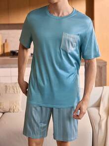 Men's Round Neck Striped Short Sleeve Casual Pajama Set, Summer - Multicolor - View 5