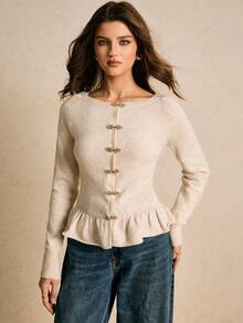 Poéselle 新款秋季欧美风优雅精致短款蕾丝拼布女式开衫 - 杏色 - 查看 6