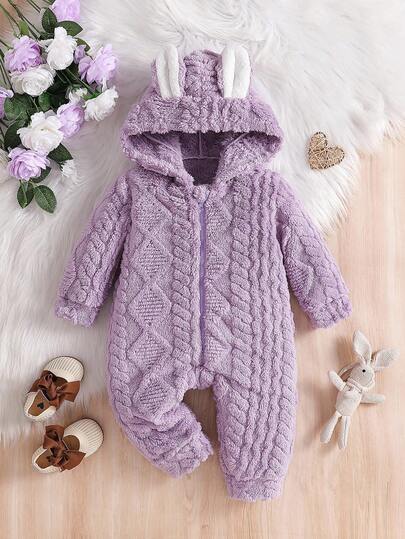 SHEIN Baby Girl Unisex Plush Rabbit Ear Hooded Jumpsuit,Purple Autumn Cute Modest Kawaii Holiday Clothes Neutral Baby Coat Jumpsuit For Winter