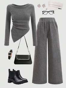 SHEIN Girlism 少女灰色毛绒针织罗纹长袖T恤和阔腿裤套装 - 灰色 - 查看 1