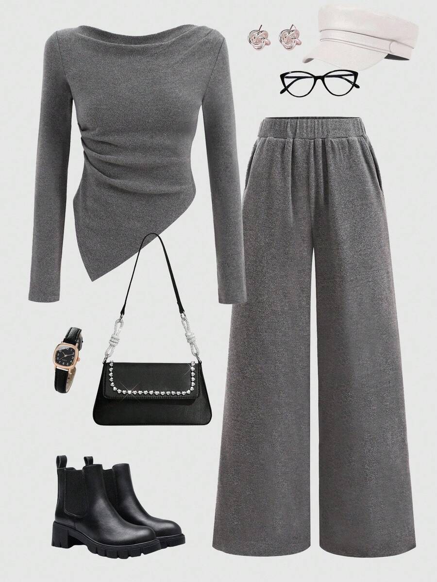 SHEIN Girlism 少女灰色毛绒针织罗纹长袖T恤和阔腿裤套装 - 灰色 - 查看 1