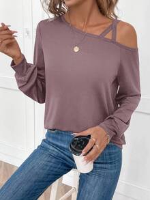 SHEIN LUNE 女式休闲舒适长袖 T 恤，交叉肩带和褶皱袖口，春夏 - 紫色 - 查看 5