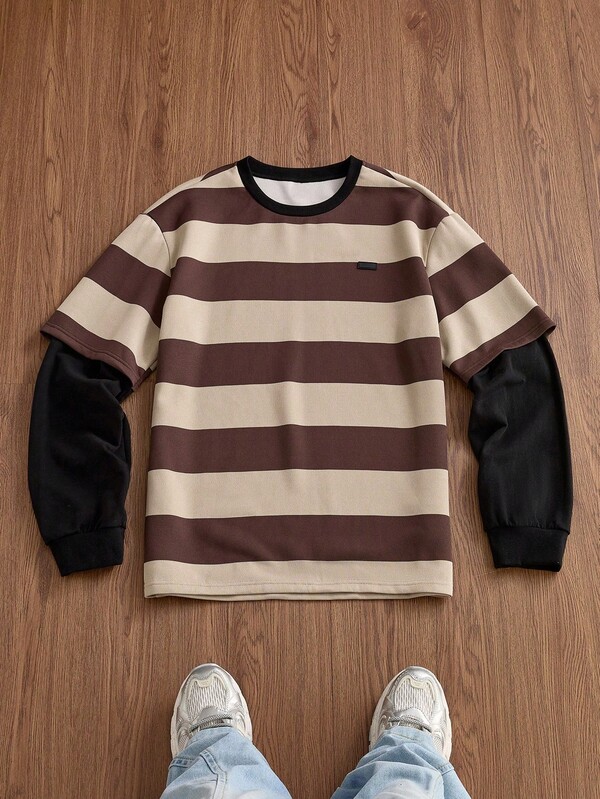 SWAVVY Camiseta de manga larga de cuello redondo de punto a rayas casual para hombres, adecuada para otoño