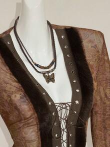 SHEIN ICON Women's Retro Sexy Bohemian Style Y2K Millennial Style Red Paisley Pattern Front Tie Splicing Wool Top Metal Eyelets Multi-Layered Ruffled Trumpet Sleeves See-Through Mesh Slim T-Shirt