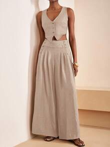 Zivah 2025夏季新款音乐节复活节母亲节婚礼生日派对日常出游基础百搭休闲度假邮轮旅行沙滩海边日光浴网红爆款街头风优雅通勤商务休闲V领无袖修身开衫女背心宽松阔腿裤纽扣口袋百褶女两件套 - 杏色 - 查看 7