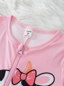 2 件套少女可爱奶牛卡通印花连体睡衣，前拉链设计，弹力针织面料，柔软舒适的长袖和裤子家居服 - 彩色 - 查看 6