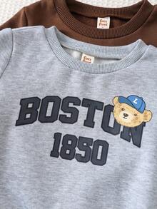 Cozy Pixies 4pcs/Set Young Boy Letter & Bear Pattern Knit Soft Fleece Crew Neck Long Sleeve Sweatshirt And Elastic Waist Pants Fall Winter