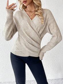 EMERY ROSE Women's Solid Color Overlap V-Neck Dropped Shoulder Long Sleeve Pleated Casual Sweater, Autumn/Winter - Beige - View 6