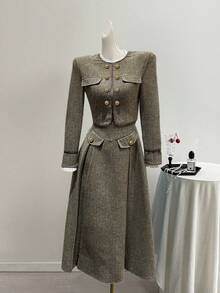 Franclia Damen Herbst/Winter elegantes romantisches Zweiteiler-Outfit mit rundem Ausschnitt, Metallknopf-Dekor, plissierter Rüsche, Patchwork, elastischem Bund und A-Linien-Rock für Universität und Herbst - Verschiedenfarbig - Übersicht 8