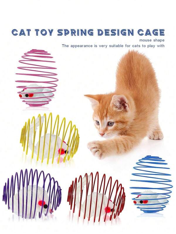 PETSIN 1/2/5pc Random Color Cat Toy Spring Design Cage With Mouse Shaped Adorable Appearance Perfect For Cat Play