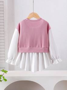Young Girls Pink Knit Patchwork Long Sleeve Sweatshirt, Fashionable Design With Rhinestones, Versatile Children Spring Autumn Single Piece Sweatshirt, Cute And Stylish Pullover - Pink - View 2