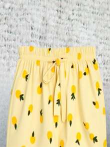 EURMUSE Women Lemonade Pattern With Fake Drawstring Detail Homewear Sleep Bottoms - Yellow - View 3