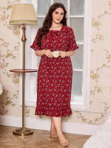 CottageSlumber 大码女士浪漫碎花方领短袖荷叶边长款睡裙，修身显瘦睡衣，女士加大码睡衣，宽松睡裙 - 酒紅色 - 查看 6