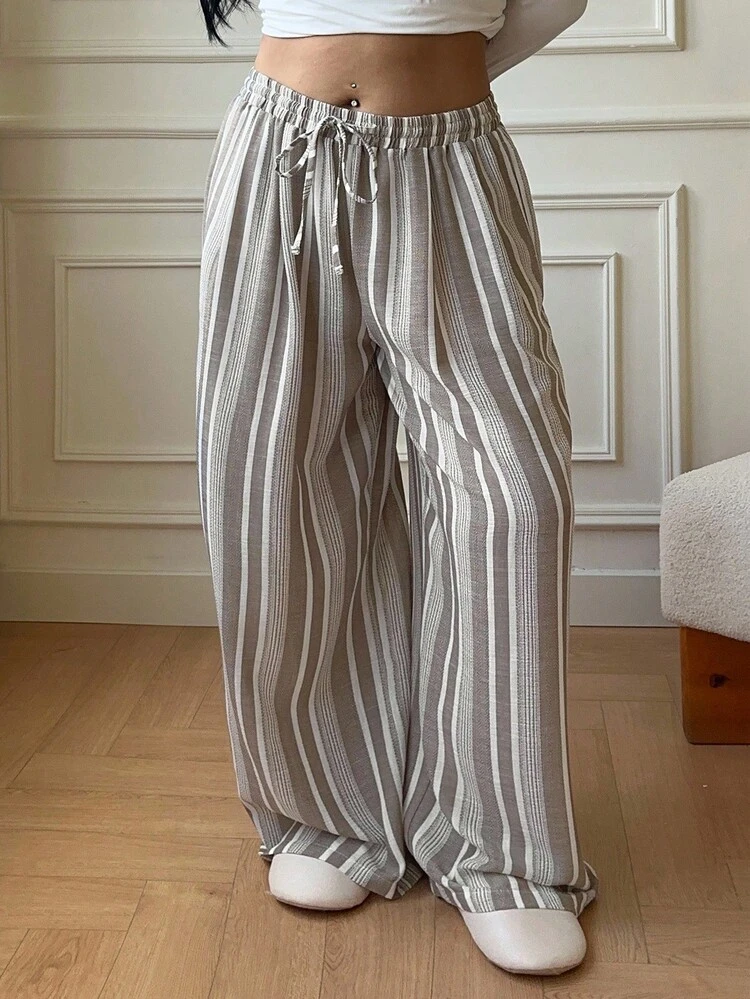 Dazy Plus Plus Size Women Striped Drawstring Waist Loose Straight Leg Pajama Bottoms, Suitable For All Seasons, Winter