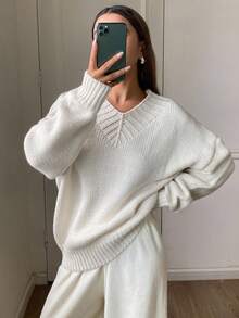 DAZY V-Neck Loose Oversized Sweater For Women Fall/Winter - Beige - View 1