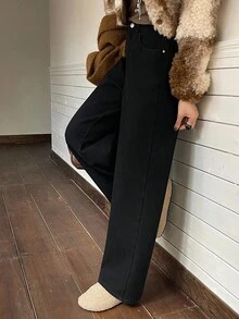 DAZY 保暖内衬宽松高腰阔腿牛仔裤，黑色直筒女式牛仔裤，秋冬季保暖内衬 - 黑色 - 查看 6