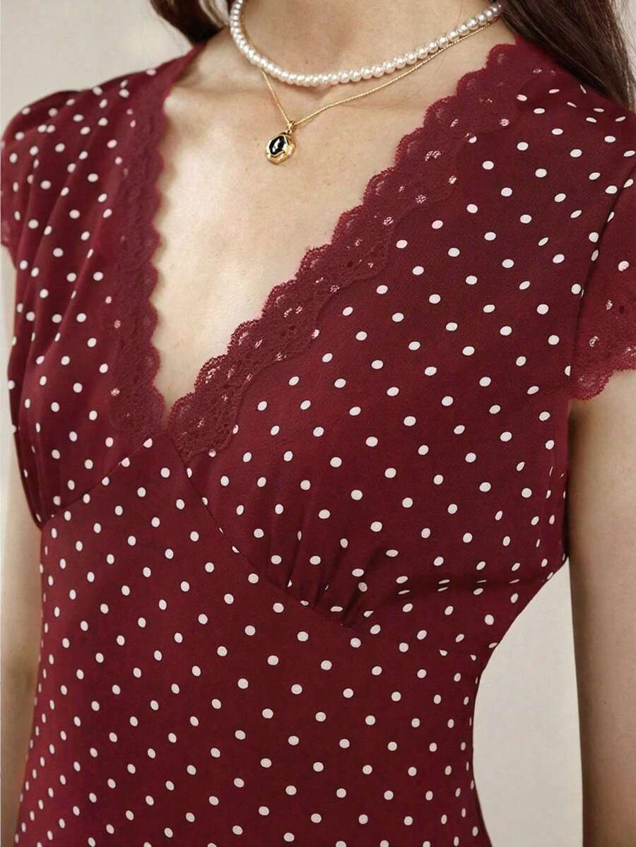 Cévolie Polka Dot Fitted V-Neck Lace Patchwork Women's Long Dresses - Red - View 1