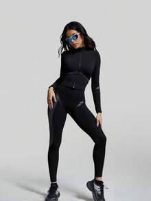 Innovista Women's Solid Color Long Sleeve Top And Pants Slim Fit Cycling Outfit Workout F/W Athletic Wear, Utilitarian Chic - Black - View 13