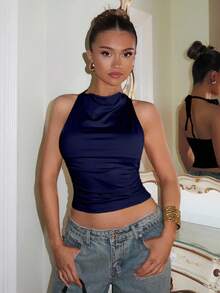 Glamine Elegant Dark-Toned Christmas Party Sleeveless Spaghetti Strap Top For Women, Winter - Blue - View 3