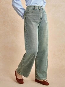 Écloséra 女士寬鬆休閒丹寧寬腿褲，附口袋 - 深色水洗藍 - 查看 5