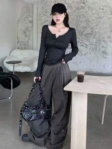 DAZY Women Casual Stripe Fitted Half-Zip Collar Long Sleeve T-Shirt,Fall Clothes