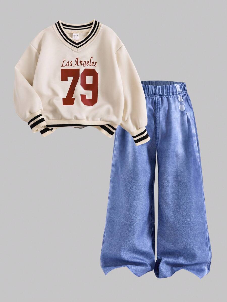 一套女童运动休闲套装，包含一件印有“洛杉矶79”字样的棒球夹克和一条浅蓝色阔腿裤，厚度适中，适合日常穿着，春秋/秋冬季皆宜。 - 杏色 - 查看 1