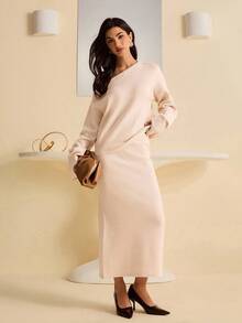 Bluhae Bộ 2 chiếc váy len hở vai gợi cảm - Màu be - Xem 7