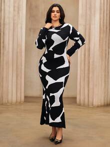 Roveilla Robe moulante en tricot à manches longues élégante pour femmes grandes tailles, convient pour le travail - Noir - Voir 5