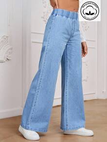 EMERY ROSE Women's All-Match Casual Versatile Elastic Waist Wide Leg Loose Fit Mid-Blue Woven Thin Material Regular Denim Pants - Light Wash - View 3