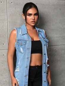 Selenza Ripped Raw Trim Vest Denim Coat