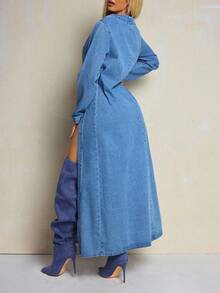 Slaydiva 大码女式圆领长袖休闲宽松牛仔连衣裙，侧开衩下摆