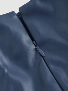 SHEIN MOD 加大码海军蓝侧开衩金属边仿皮A字裙，外出裙，复古裙，秋季服装，性感裙，皮裙 - 藏蓝色 - 查看 4