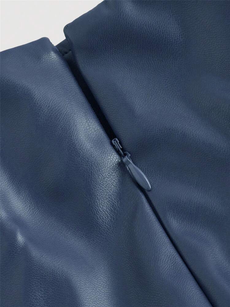 SHEIN MOD 加大码海军蓝侧开衩金属边仿皮A字裙，外出裙，复古裙，秋季服装，性感裙，皮裙 - 藏蓝色 - 查看 4