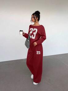 Aloruh Women's Casual 2 Pieces Set: Numeric Print Drop Shoulder Long Sleeve Sweatshirt And Pants, Autumn,Cozy Fall And Winter Clothes For Women - Burgundy - View 4