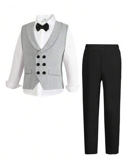 SHEIN Tween Boy Gentleman 2 Pieces Set: Vest + Trousers, No Tie No Accessories, Formal Outfit For Birthday Party, Evening Event, Wedding, Christening, Birthday