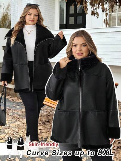 SHEIN CURVE+ 大码前拉链长袖口袋休闲羊毛夹克，秋冬大码黑色羊毛夹克