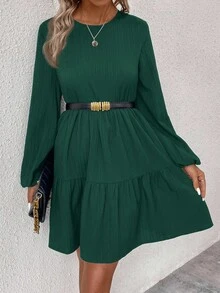 EMERY ROSE Women's Casual Solid Color Minimalist Round Neck Short Dress - Green - View 4